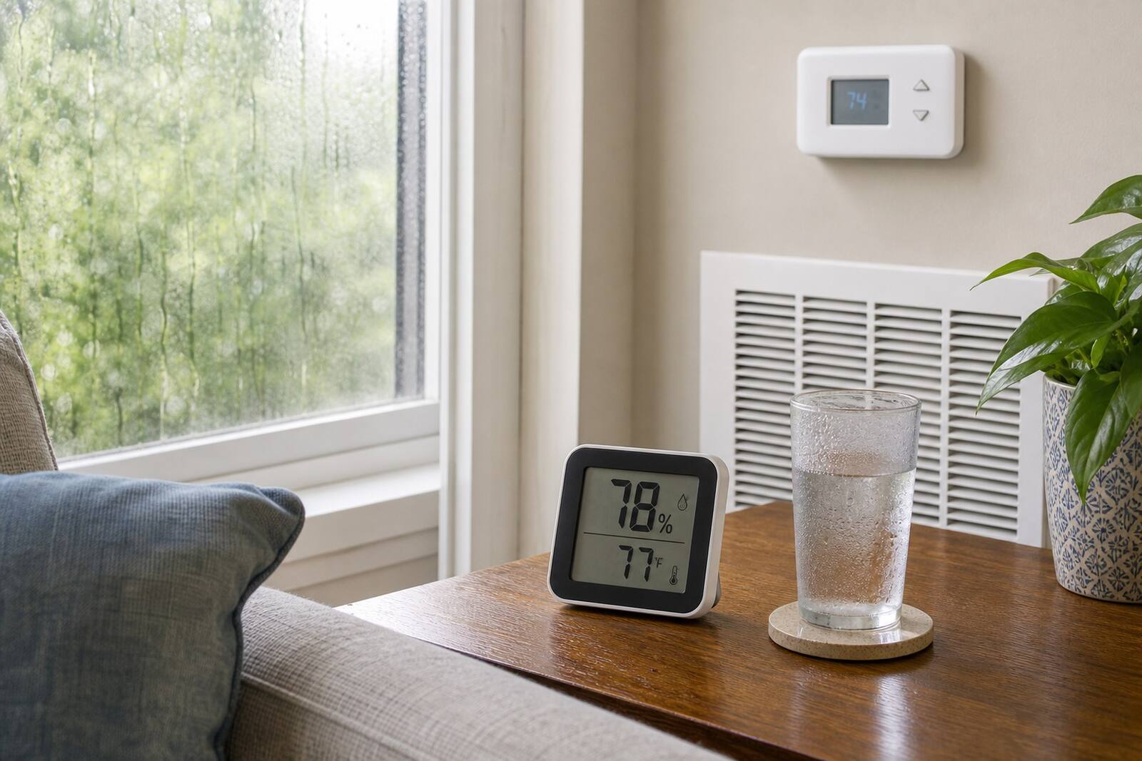 Indoor humidity reading on a thermostat in a Jacksonville living room