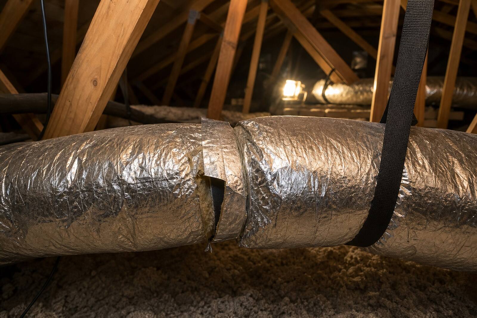 Technician checking ductwork for leaks in a Northeast Florida attic