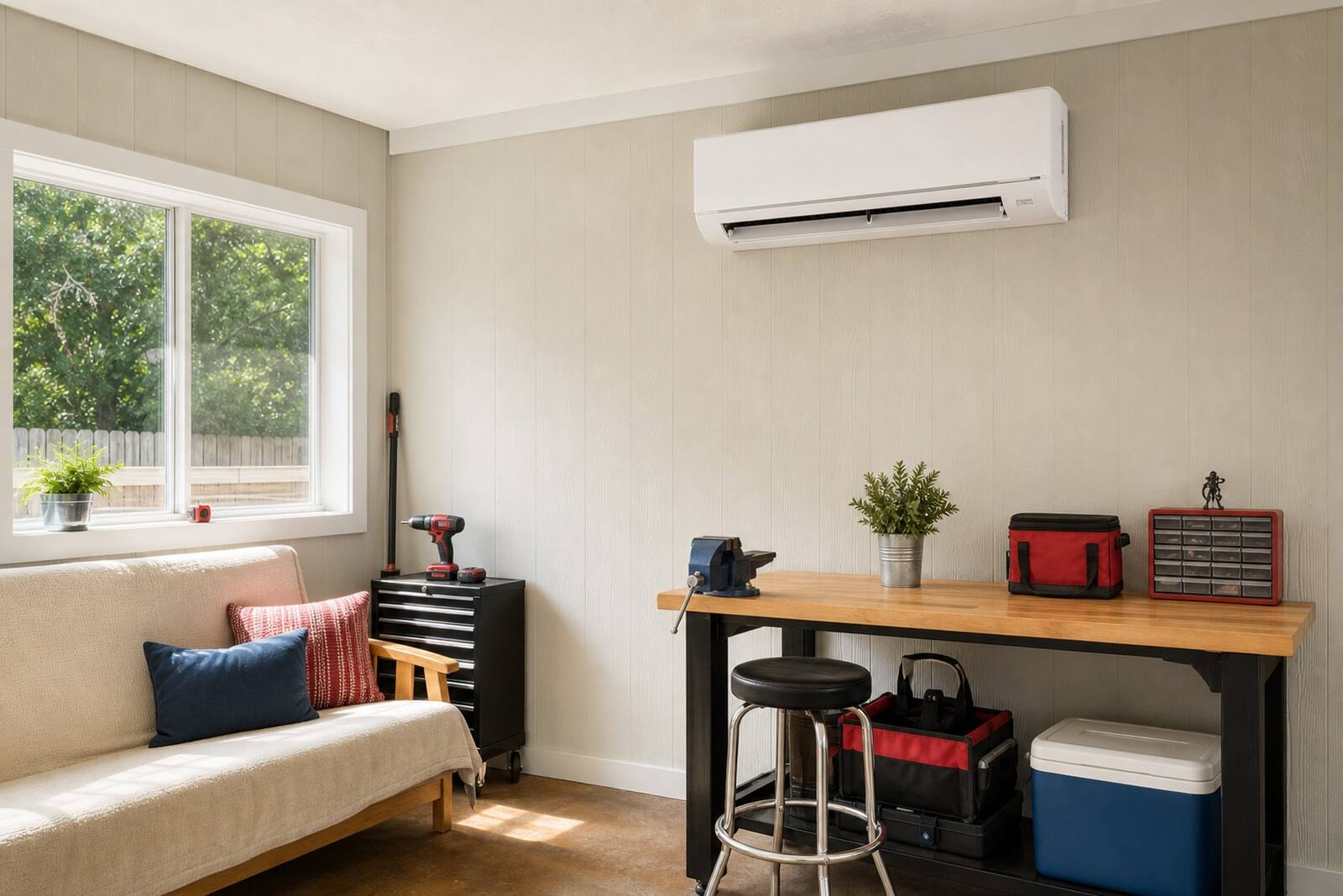 Mitsubishi Electric ductless mini-split head mounted in a converted Jacksonville garage