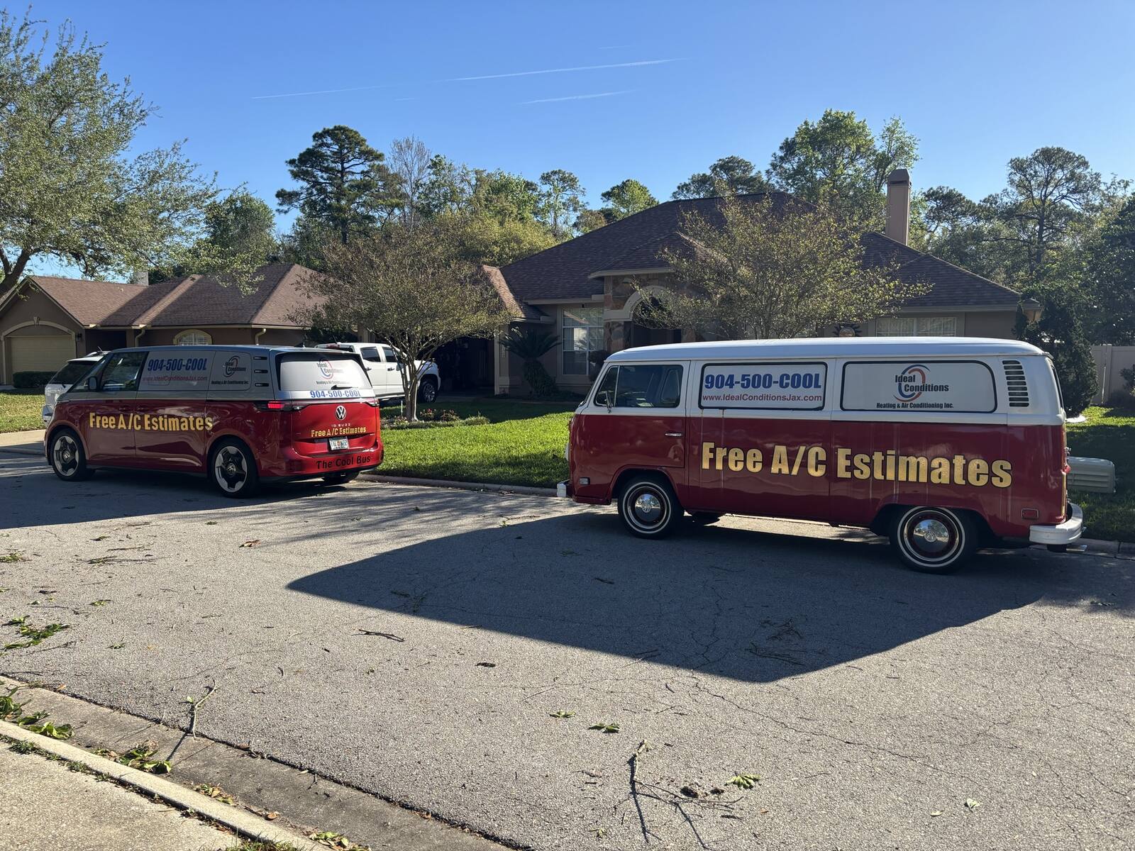 Ideal Conditions HVAC service fleet staged at the Northside Jacksonville shop, ready to dispatch across Northeast Florida