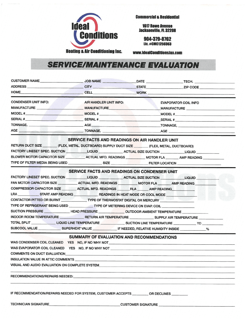 Service evaluation checklist form